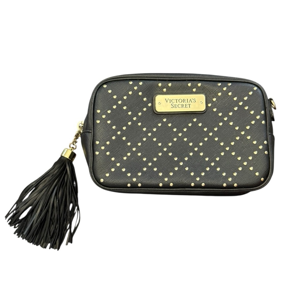 Victoria Secret Black Studded Crossbody Purse Handbag Beauty Shoulder Bag Tassel